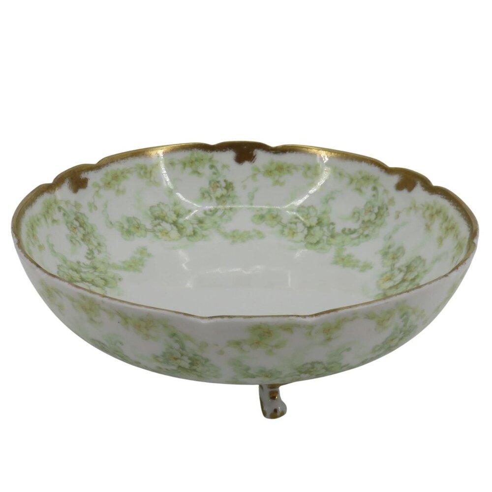 Elite Limoges France Green Flower Floral Swag Footed Bowl Antique French Serving